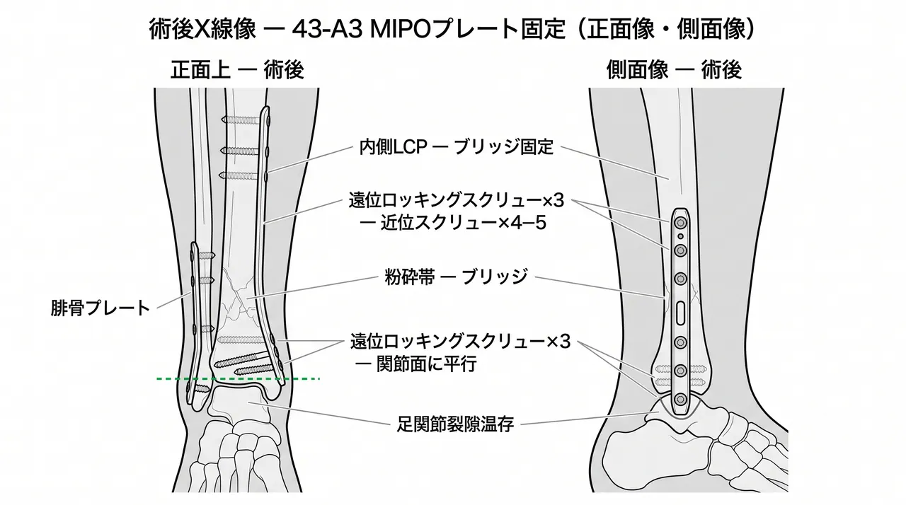 術後X線正面像・側面像 — 遠位脛骨LCP（MIPO法）または遠位脛骨髄内釘。アライメント・プレート/釘位置・スクリュー配置を確認