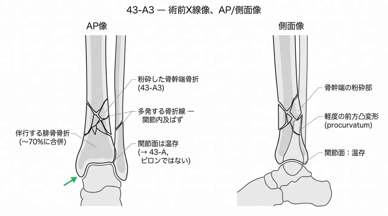 術前X線正面像・側面像 — 脛骨遠位骨幹端粉砕骨折（関節面は保持、骨幹端に多数の骨折線）