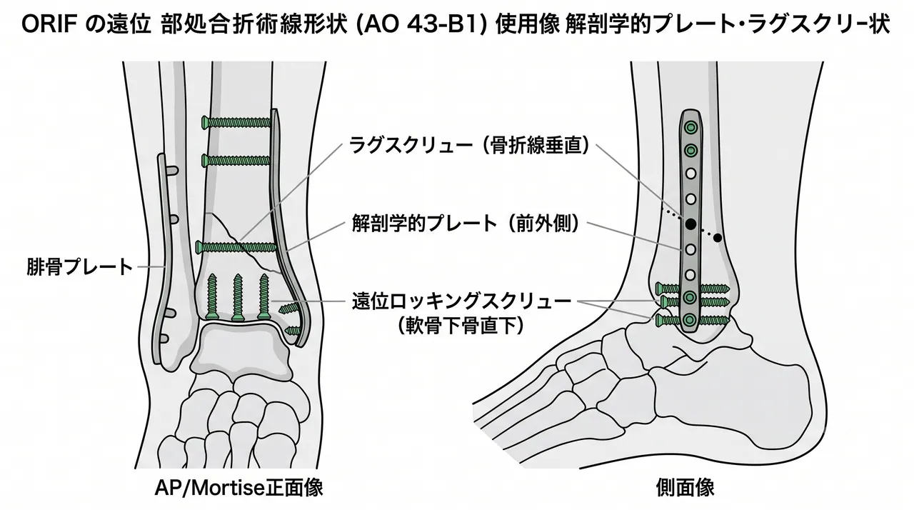 前外側アプローチ＋解剖学的プレートによるORIF術中透視像（正面・側面）および内側ラグスクリュー配置