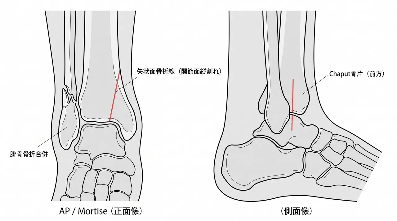 術前X線正面像・側面像 — 矢状面方向の関節内骨折線（プラフォンの縦割れ）と腓骨骨折の合併