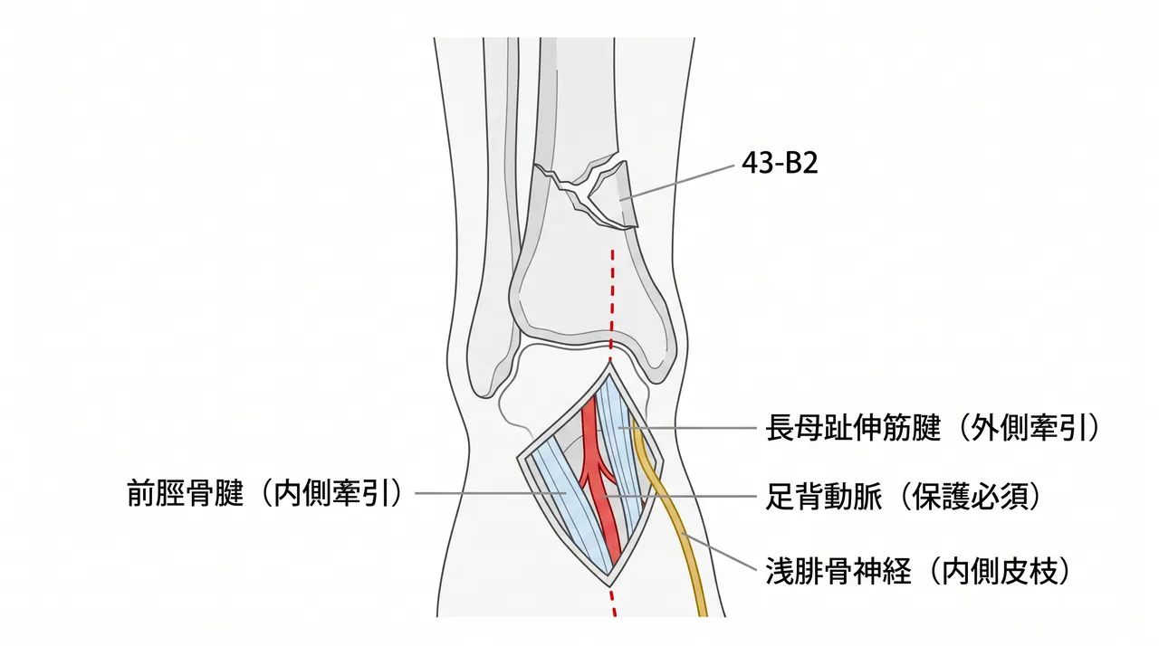 前方アプローチ — 前脛骨腱・長母趾伸筋腱間（または前脛骨腱・長趾伸筋腱間）の解剖、前縁骨片の確認