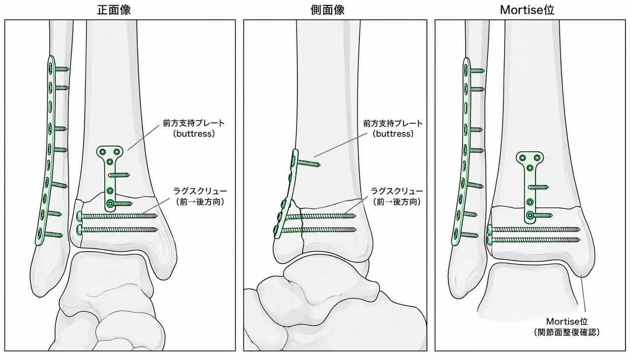 前縁骨片へのラグスクリュー＋前方支持プレート固定の術中透視像（AP・側面・斜位）