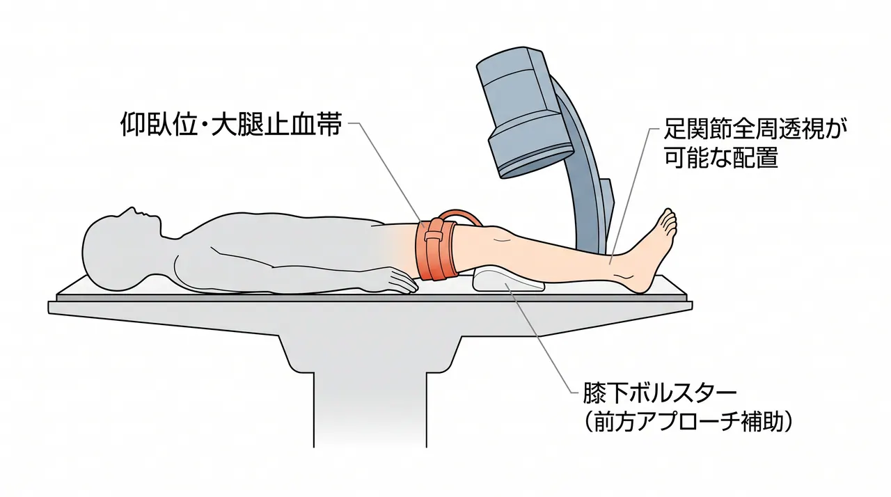 体位・透視設定 — 仰臥位・止血帯・足関節全周の透視が可能な配置（正面・側面・斜位）