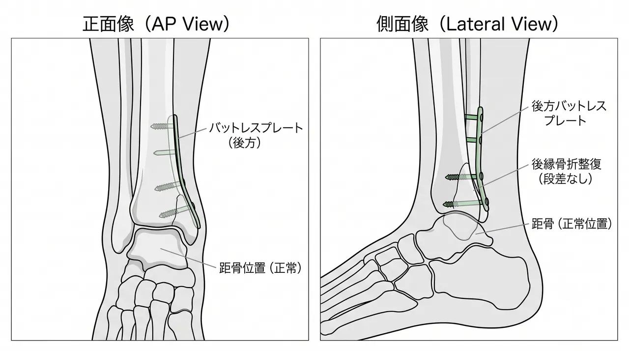 後方バットレスプレート固定の術中透視像（AP/側面） — 解剖学的整復・プレート位置・スクリュー方向の確認