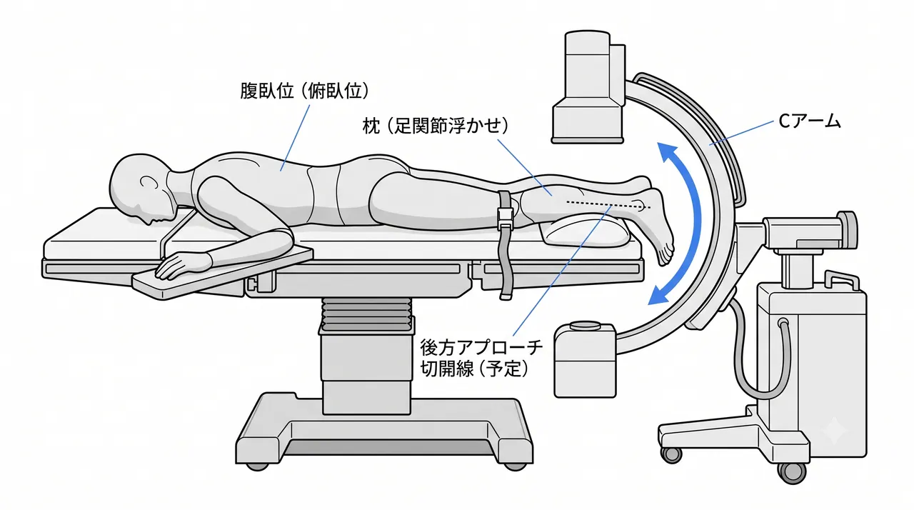 手術体位 — 腹臥位・足関節浮かせ・術中透視の配置（後方アプローチのセッティング）