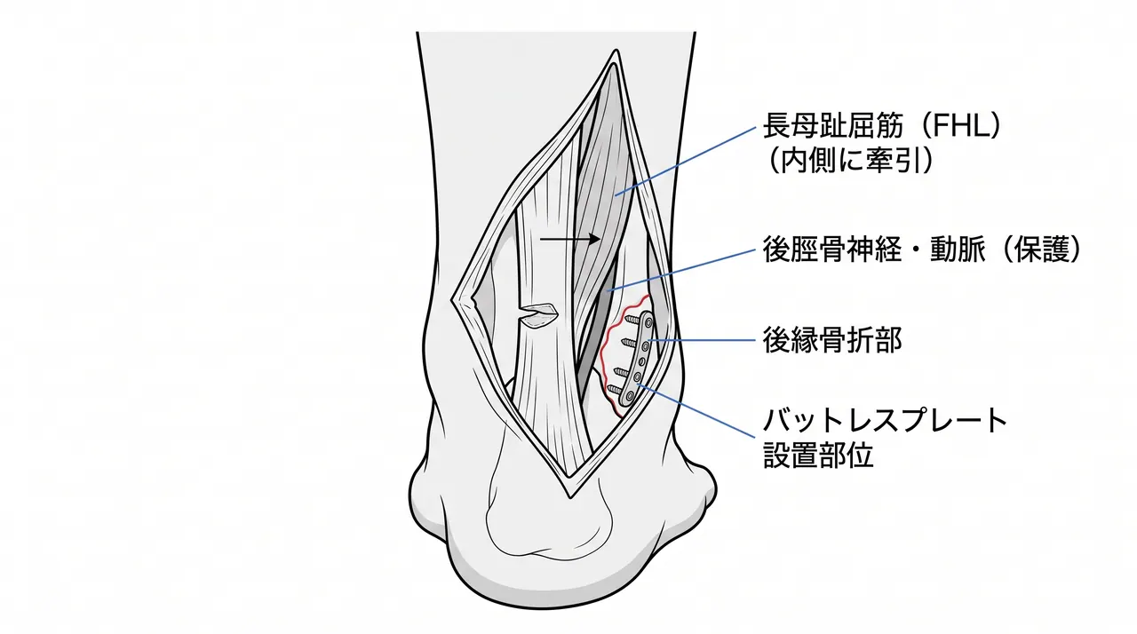 後方アプローチ解剖図 — アキレス腱内側切開・長母趾屈筋（FHL）腱とその内側の神経血管束の位置関係