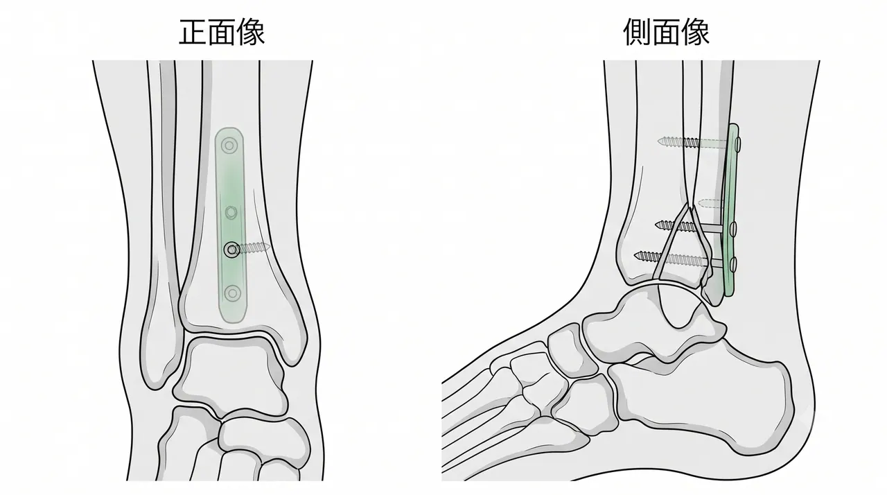 術後X線正面像・側面像 — 後方バットレスプレート＋スクリュー固定。後縁骨折の解剖学的整復・距骨位置を確認