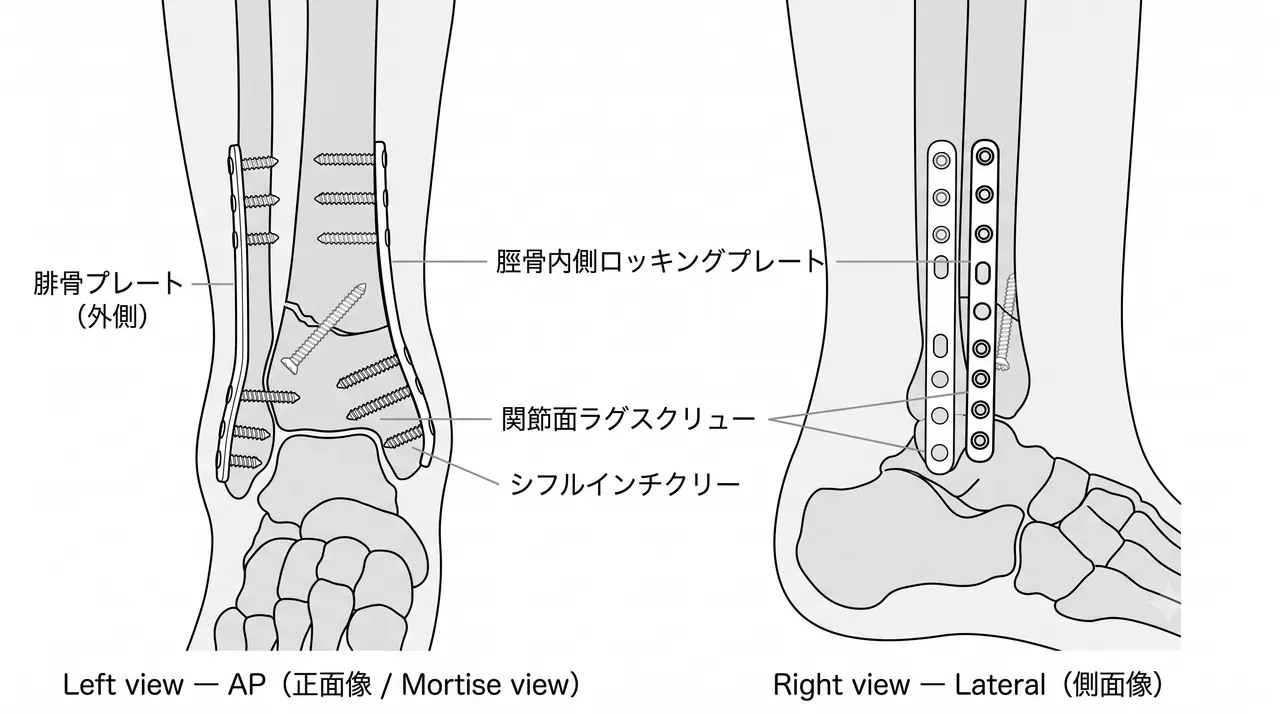 腓骨外側プレート固定後の脛骨関節面整復・内側プレート設置（術中透視正面・側面）