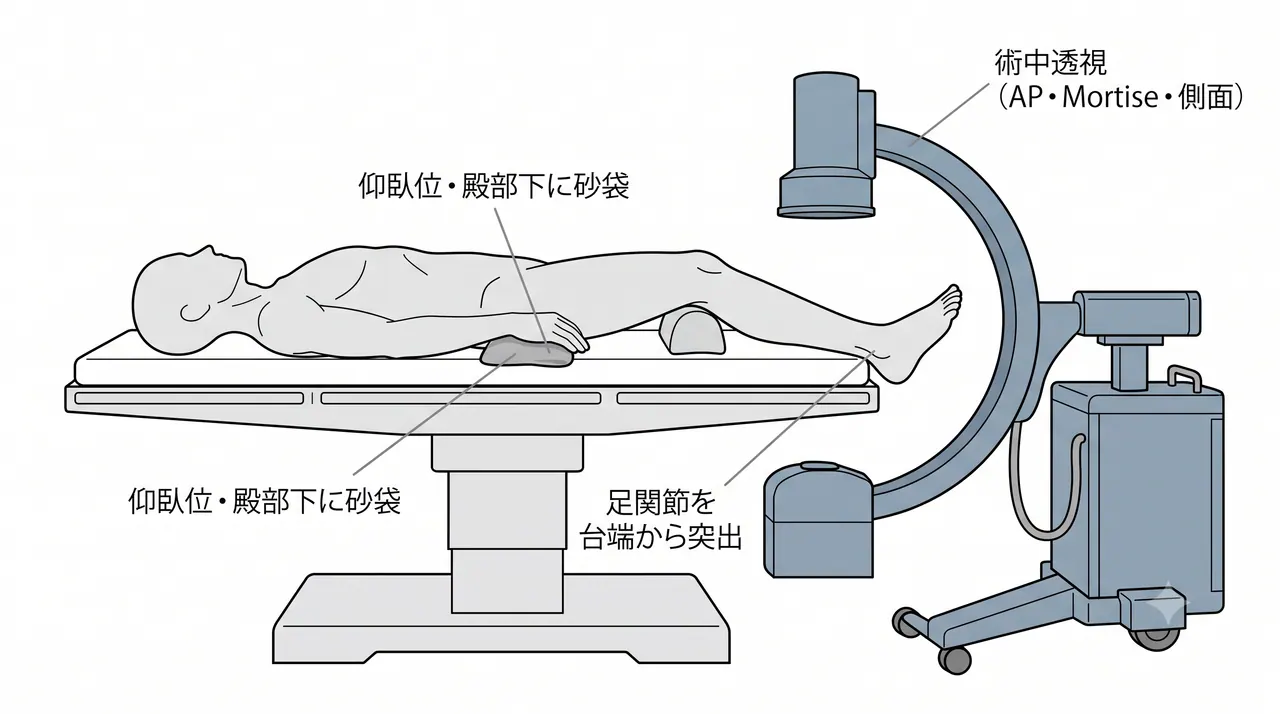 体位・透視設定 — 仰臥位・殿部挙上・足関節術野突出設定。術中透視でAP/側面確認が可能な配置