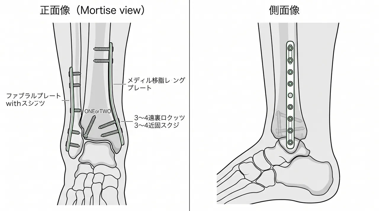 術後X線正面像・側面像（Mortise view含む） — 腓骨プレート＋脛骨内側プレート。関節面整復・軸回復・スクリュー位置を確認