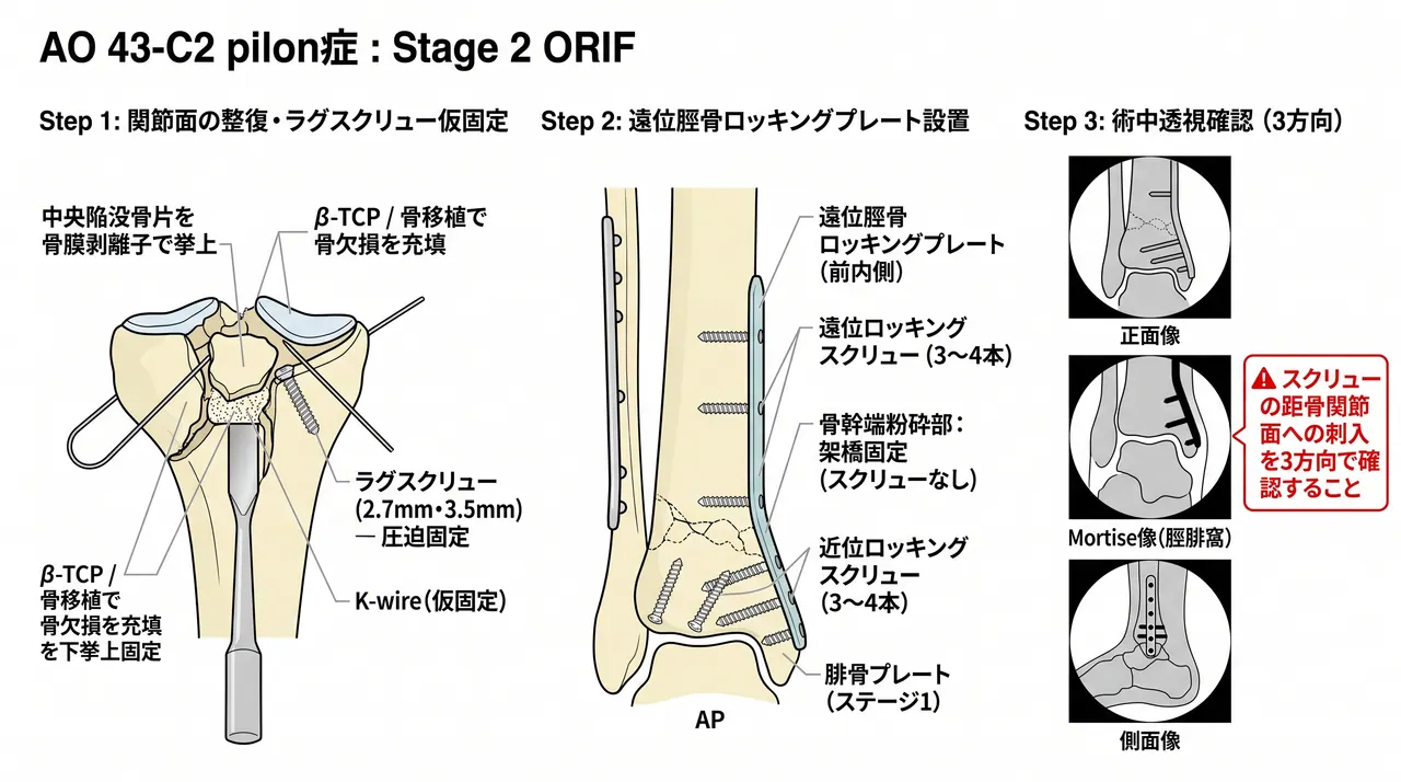 脛骨ORIF（前内側アプローチ）— 関節面整復・ラグスクリュー仮固定・遠位脛骨ロッキングプレート固定の術中透視像
