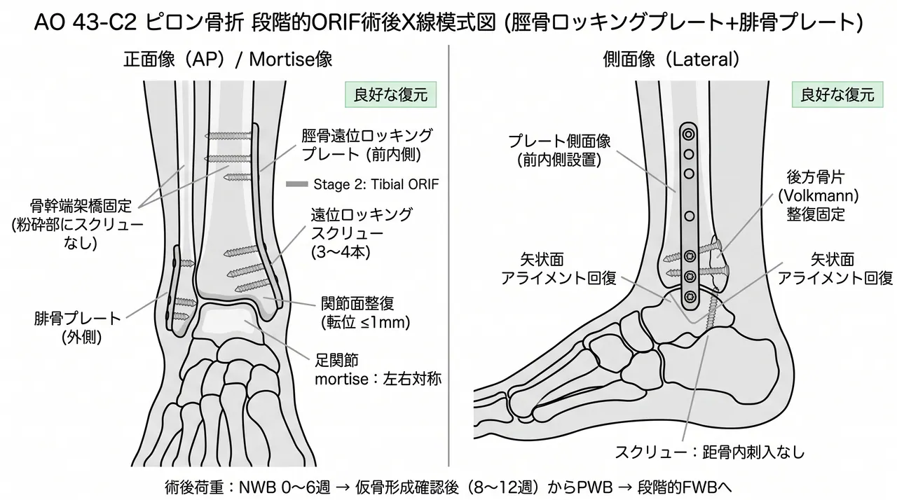 術後X線正面像（AP/mortise）・側面像 — 腓骨プレート＋脛骨遠位ロッキングプレート。関節面整復・距骨アライメント確認