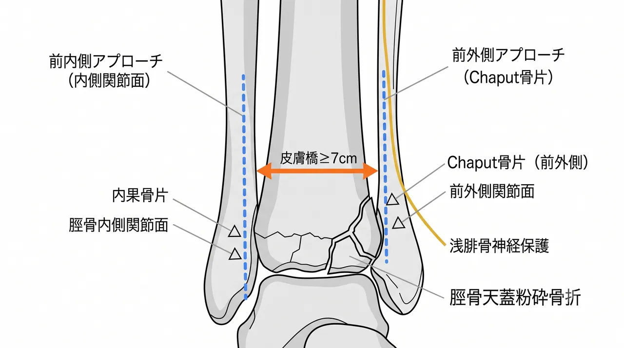 Stage 2：前内側アプローチ＋前外側アプローチのデュアルアプローチ解剖。皮膚橋（≥7cm）の確保と各骨片へのアクセス経路