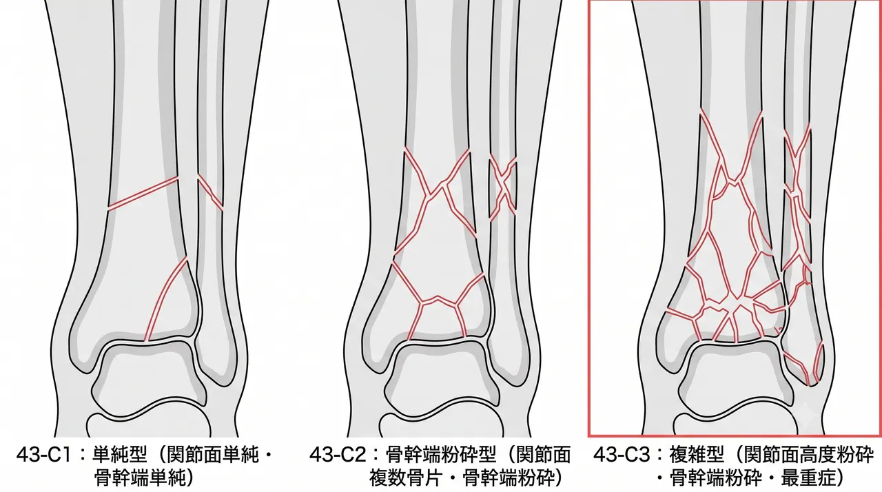 43-C1（単純型）vs 43-C2（骨幹端粉砕型）vs 43-C3（関節面粉砕＋骨幹端粉砕・最重症型）骨折パターン比較