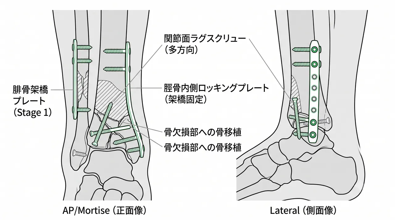 Stage 2脛骨ORIF — 前内側アプローチでの関節面多骨片整復・ラグスクリュー仮固定・脛骨遠位ロッキングプレート設置の術中透視像