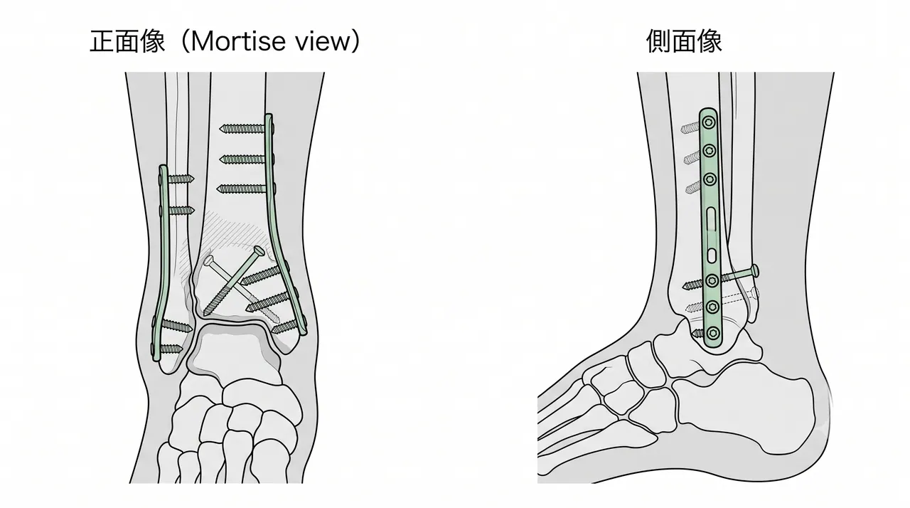 術後X線正面像（AP/mortise）・側面像 — 腓骨プレート＋脛骨遠位ロッキングプレート（デュアルアプローチ）。関節面整復・距骨アライメント確認