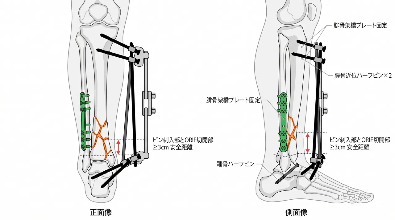 Stage 1：腓骨プレート固定＋脛骨近位〜踵骨架橋式創外固定（Delta frame）。ピン刺入部とORIF切開部の安全距離を示す
