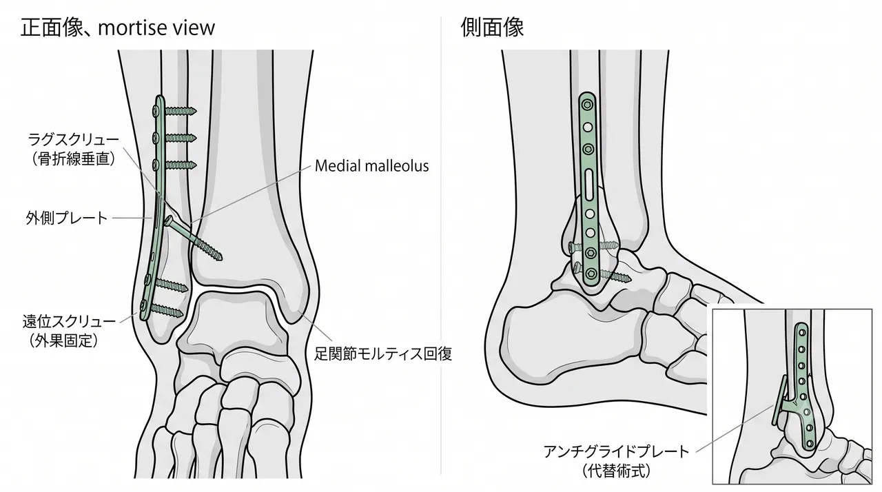 腓骨外側プレートまたはアンチグライドプレートによるORIF術中透視像（正面・側面）およびラグスクリュー配置