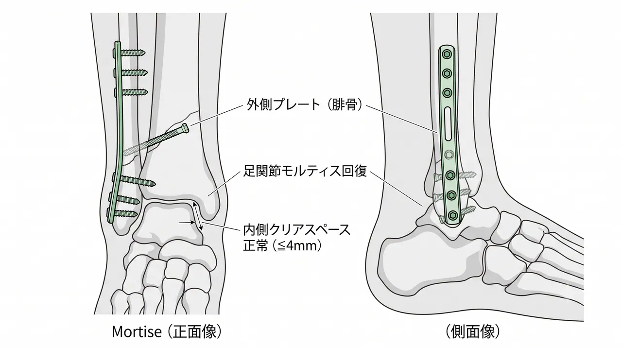 術後X線正面像（mortise view）・側面像 — 腓骨外側プレート＋ラグスクリューによる固定。腓骨長・回旋回復・足関節モルティスの整復を確認