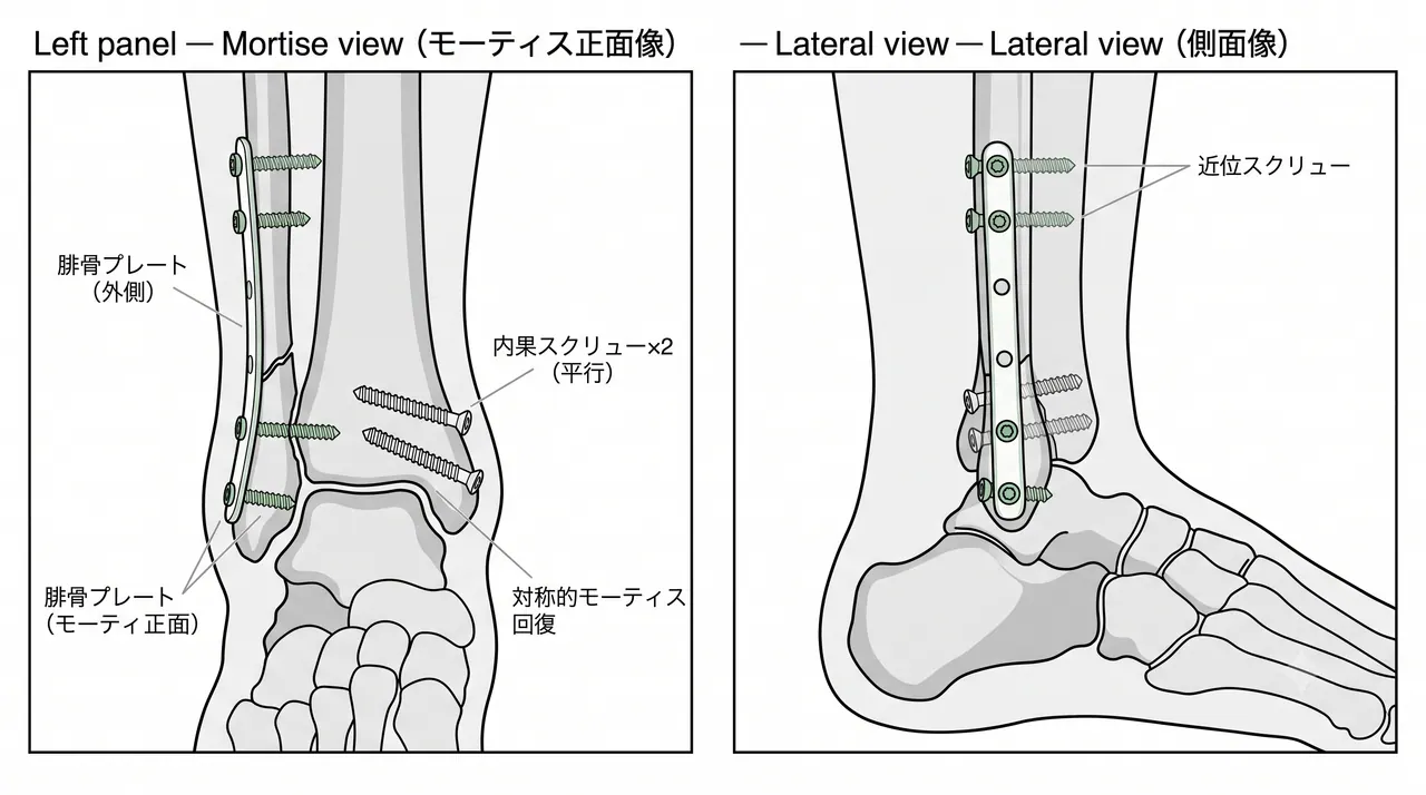 外側アプローチ＋腓骨プレート固定の術中透視像（Mortise view・側面像）と内果スクリュー固定