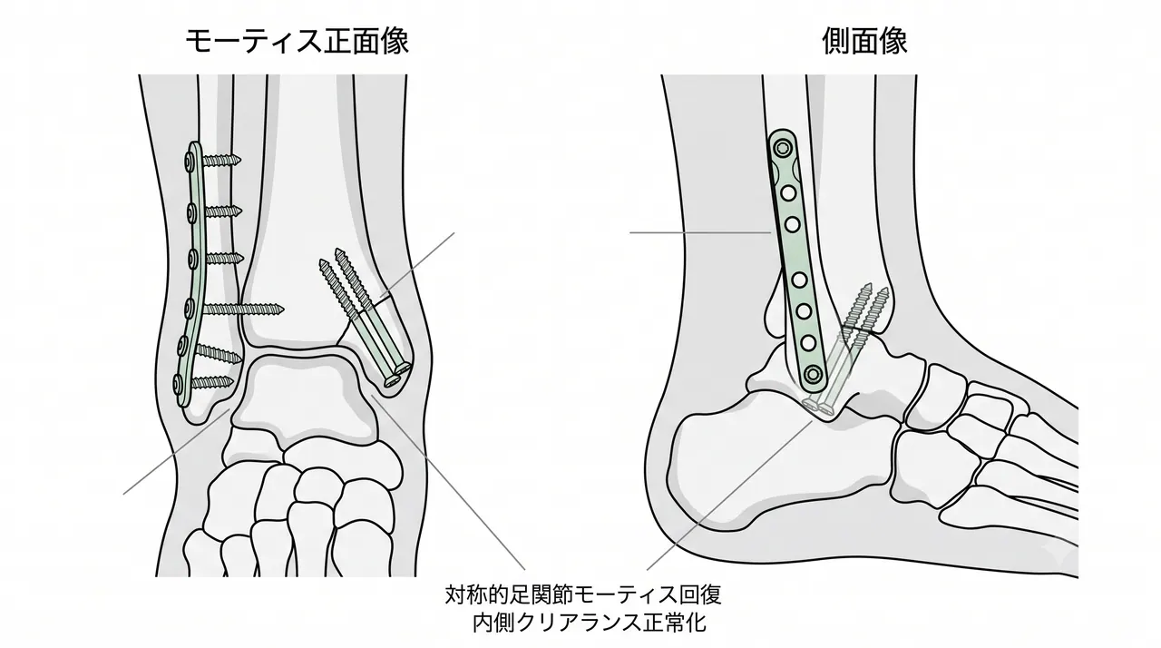 術後X線（Mortise view・側面像）— 腓骨プレート固定＋内果スクリュー固定。足関節モーティス対称性回復の確認