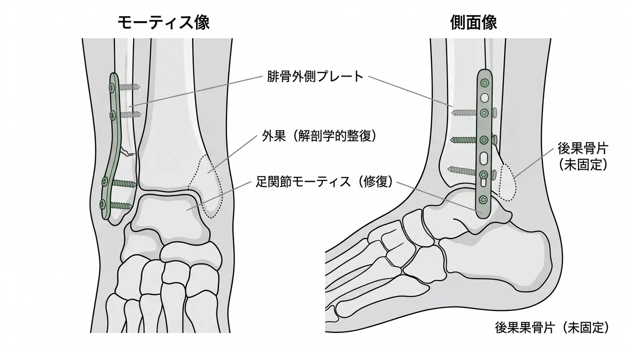 腓骨（外果）ORIF — 外側アプローチ・解剖学的プレート固定の術中透視像（正面・モーティス像・側面）