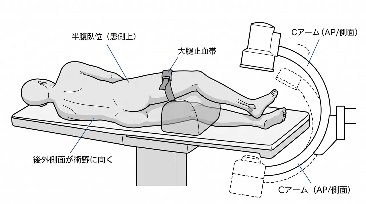 手術体位 — 後外側アプローチのための半腹臥位または腹臥位・止血帯配置・透視配置（AP/側面）