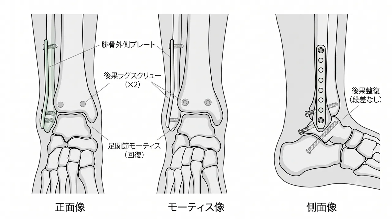 術後X線正面像・側面像・モーティス像 — 腓骨プレート＋後果スクリューによる固定。距骨位置・後果整復・足関節モーティスの回復を確認