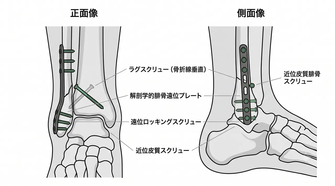 外側アプローチ — 腓骨外側皮質の展開と解剖学的プレート配置（術中透視正面・側面像）