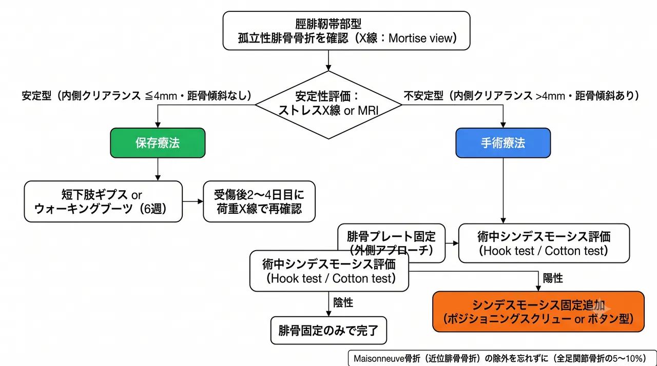 治療選択アルゴリズム — 安定性評価（ストレスX線・MRI）→保存療法 vs 手術（プレート or 髄内釘）の選択基準