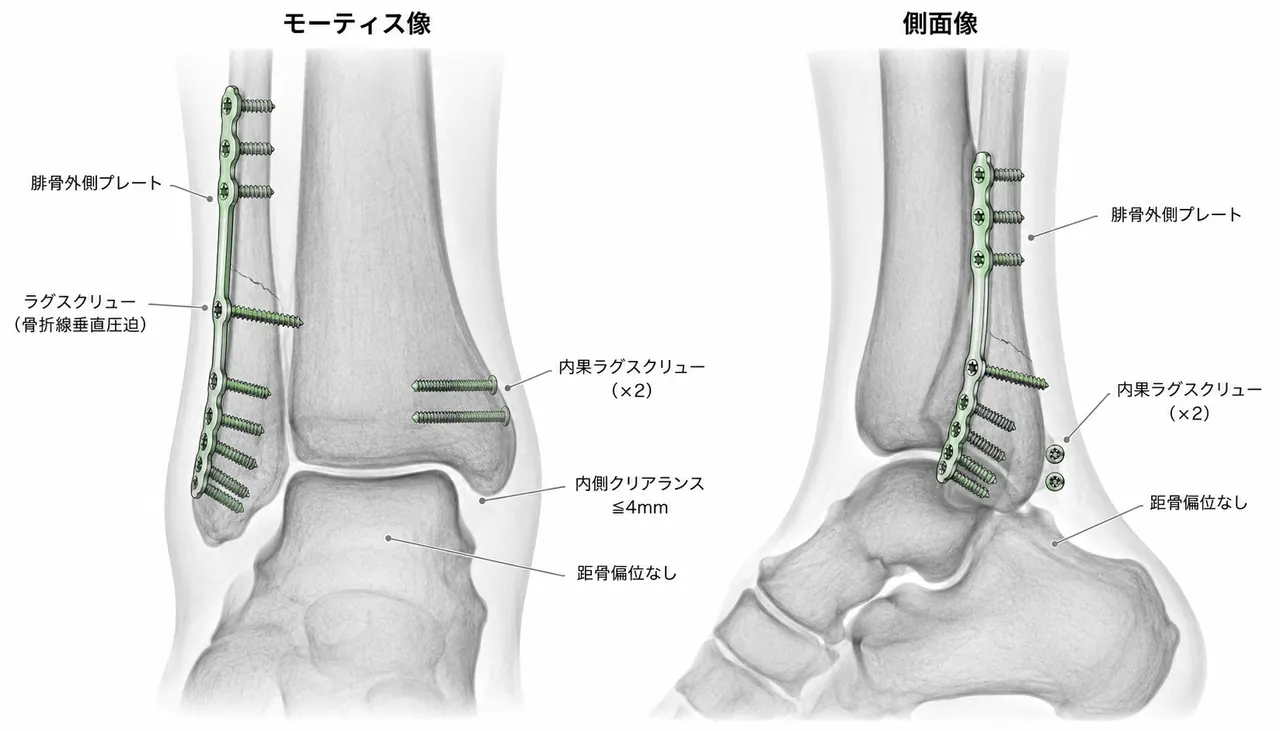 腓骨ORIF術中透視像 — 腓骨外側プレート＋ラグスクリューによる固定（正面・側面）および内果スクリュー固定