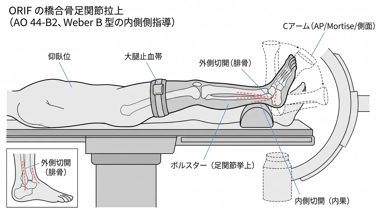 手術体位 — 仰臥位・ボルスター設置・止血帯・C-arm配置（AP/Mortise/側面）の確認