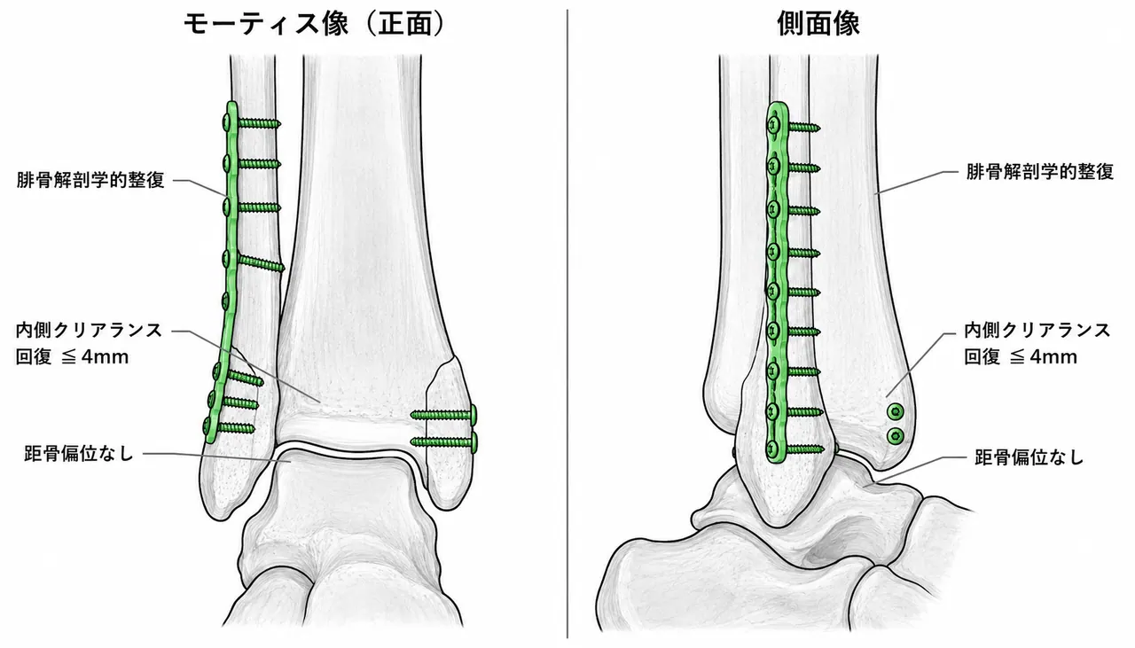 術後X線正面像（Mortise View）・側面像 — 腓骨外側プレート＋内果スクリュー固定。足関節モーティスの対称性回復・距骨外側偏位なしを確認