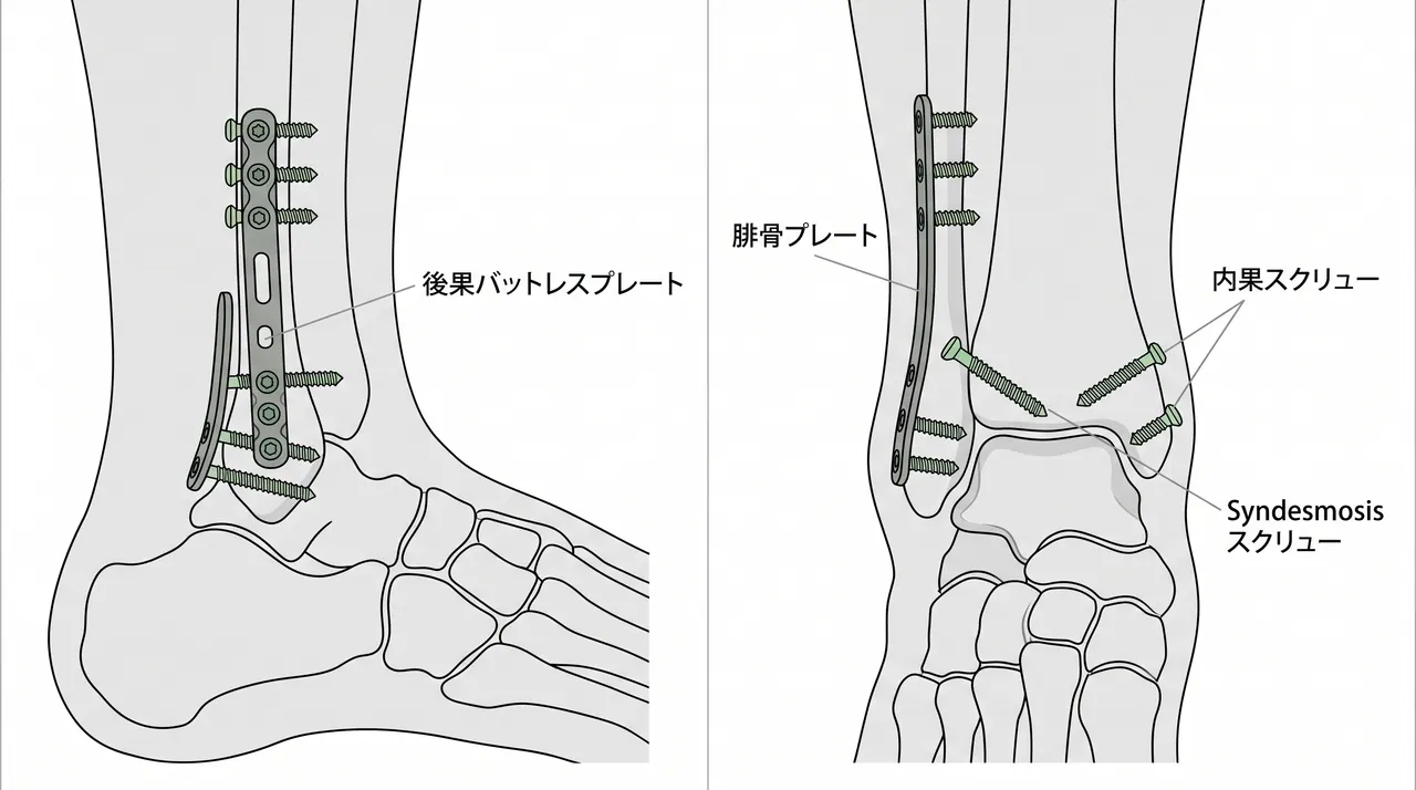 後果バットレスプレート＋腓骨プレート固定の術中透視像（側面・AP）