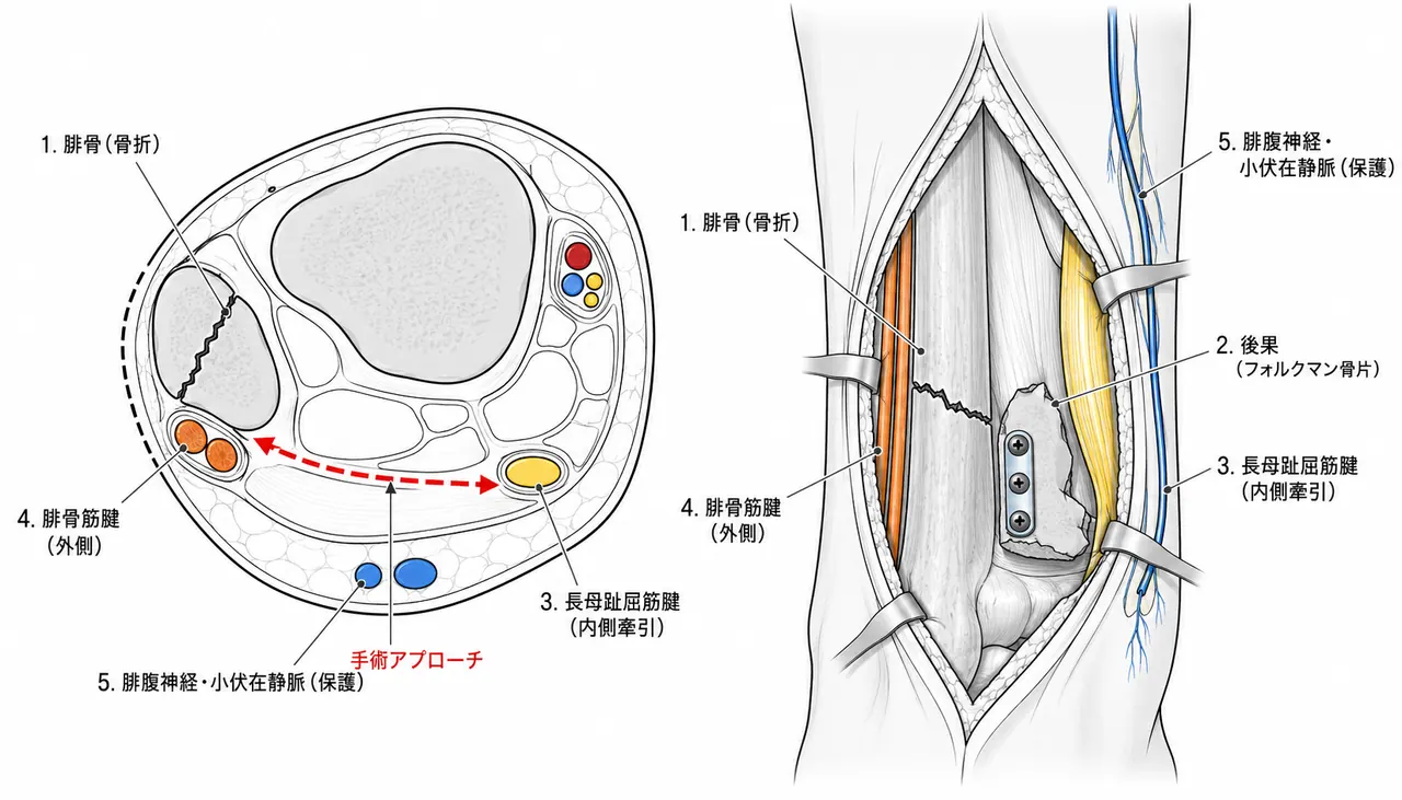 後外側アプローチ解剖図 — 腓骨後縁・長母趾屈筋腱・後果の位置関係と術野展開
