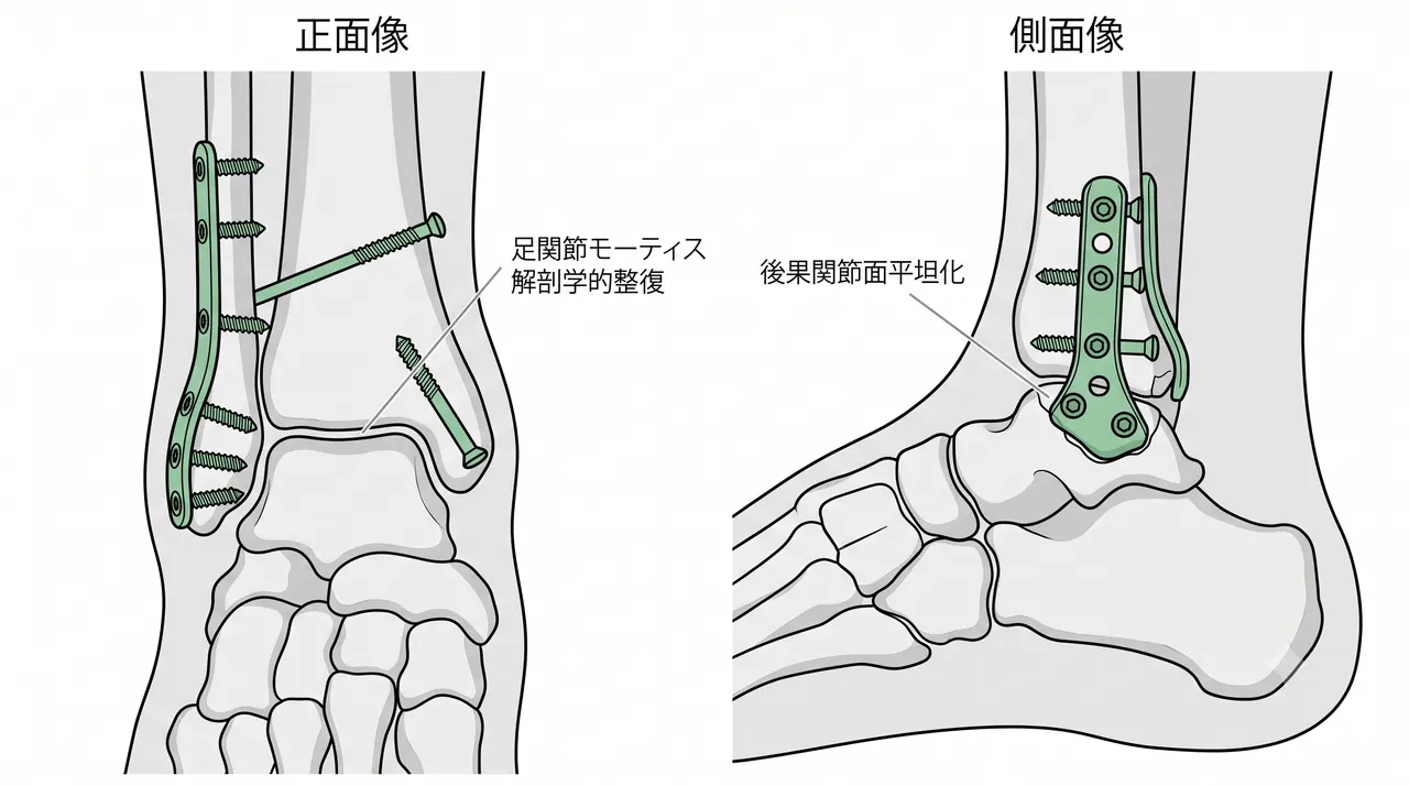 術後X線正面像（mortise view）・側面像 — 腓骨プレート＋後果バットレスプレート＋内果スクリュー固定後。距骨偏位解消・mortise解剖学的整復を確認