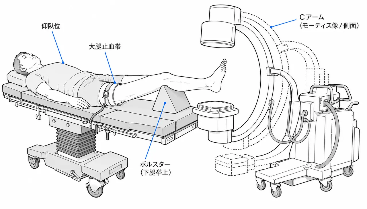 手術体位 — 仰臥位・ボルスター設置・Cアーム配置（Mortise view・側面）での足関節透視セットアップ