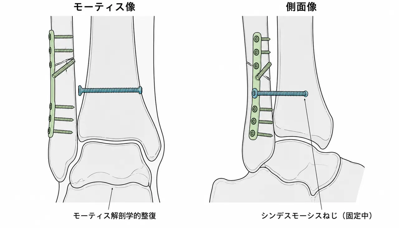 術後X線（Mortise view・側面像）— 腓骨プレート固定＋シンデスモーシスねじによる遠位脛腓関節整復。Mortise解剖学的整復を確認