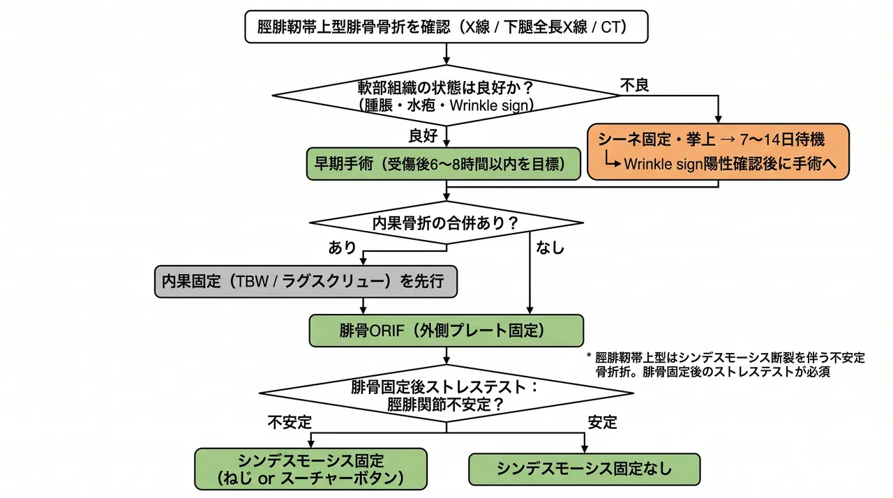 治療選択アルゴリズム — 44-C1足関節骨折における腓骨ORIF・シンデスモーシス固定・内果処置の選択基準