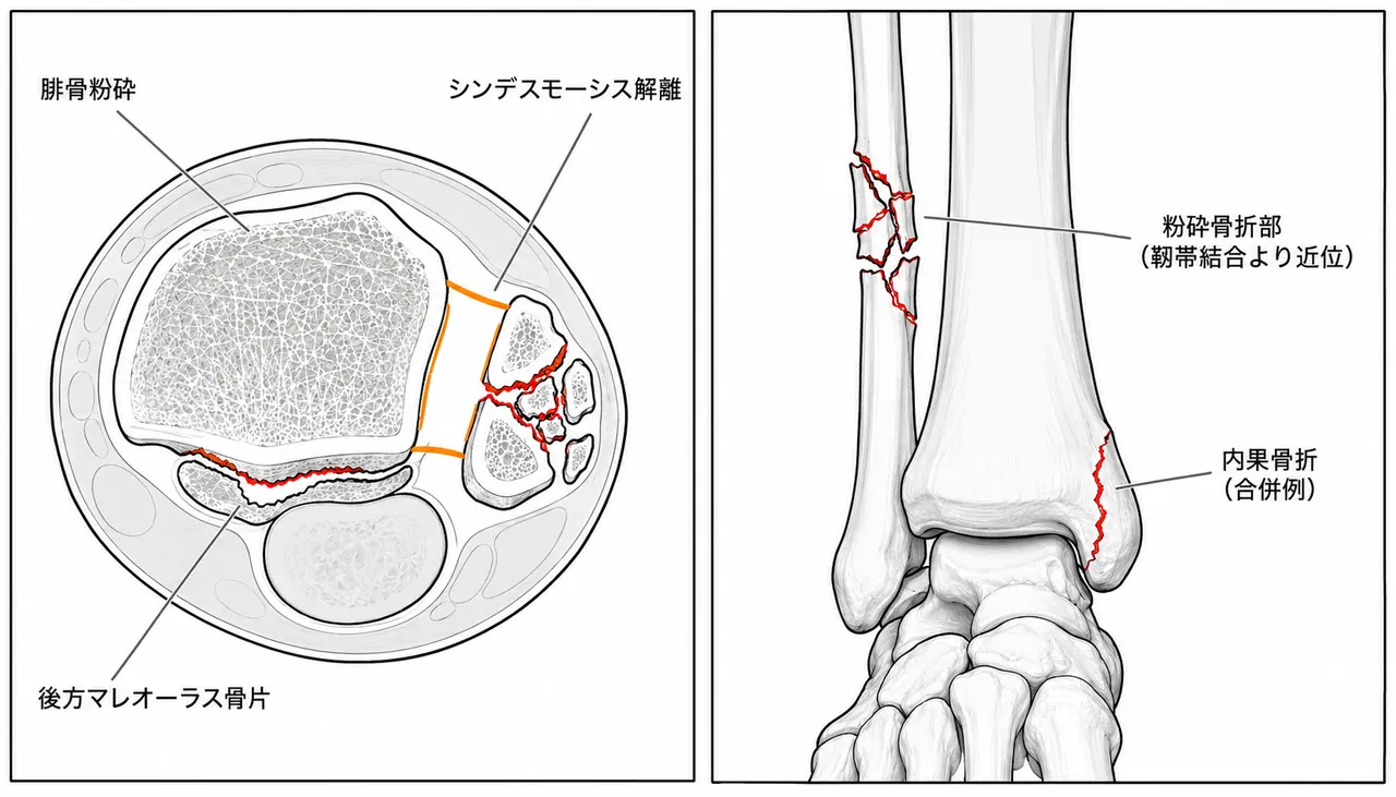 CT横断面・3D再構成 — 腓骨粉砕骨折・後方マレオーラス骨折・シンデスモーシス解離の評価