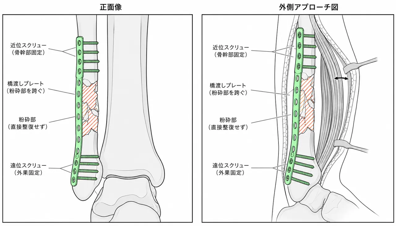 外側アプローチ＋橋渡しプレートによる腓骨ORIF術中像（正面・モーティスビュー）および外果関節面整復の確認