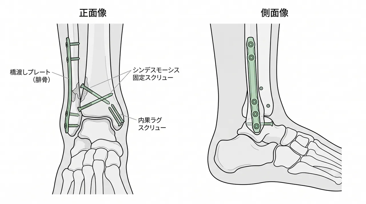 術後X線正面像（モーティスビュー）・側面像 — 腓骨橋渡しプレート＋シンデスモーシス固定スクリュー＋内果ラグスクリューによる固定。足関節モーティス・腓骨長の回復を確認
