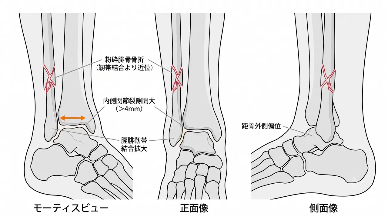 術前X線モーティスビュー・正面像・側面像 — 脛腓靭帯結合より近位の腓骨粉砕骨折・内側関節裂隙開大・距骨外側偏位の所見