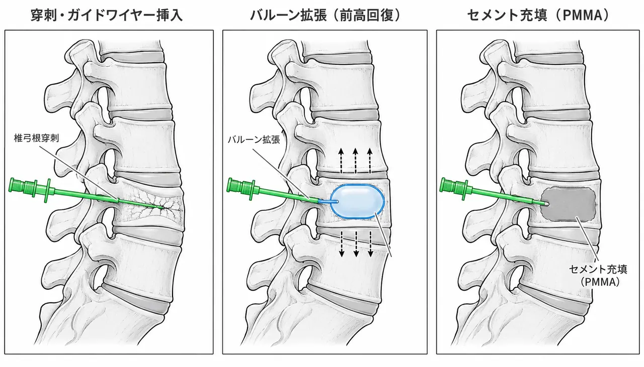 BKP手技（経皮的椎弓根アプローチ）— ガイドワイヤー挿入・バルーン拡張・セメント充填