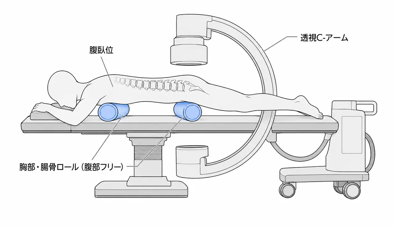 手術体位（腹臥位）— 胸腹部ロール支持・腰椎前彎保持
