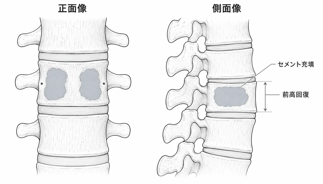 術後X線像（正面/側面）— BKP後のセメント充填像・前高回復・後彎矯正確認