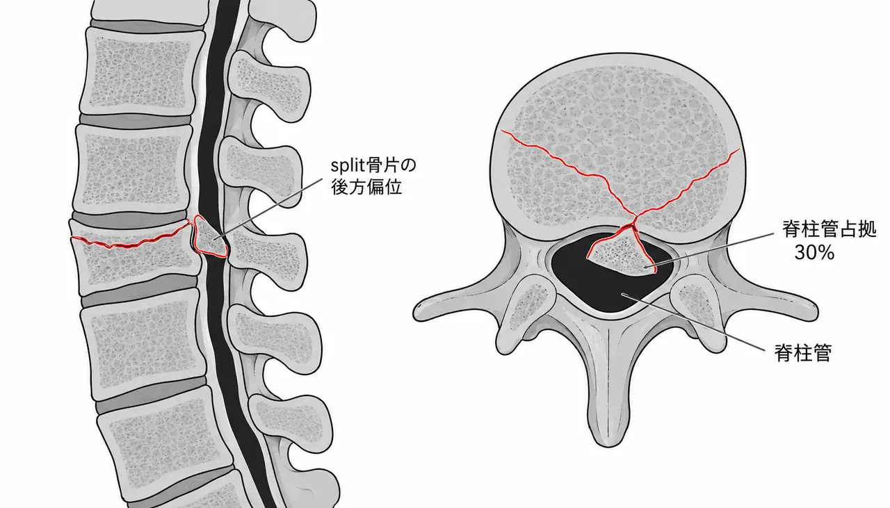 CT矢状断・水平断 — split骨片の後方偏位・脊柱管占拠率評価