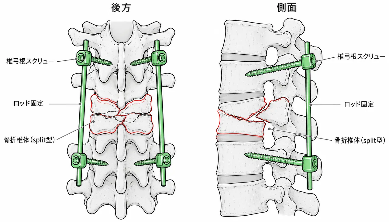 後方固定：椎弓根スクリュー刺入・固定範囲の模式図