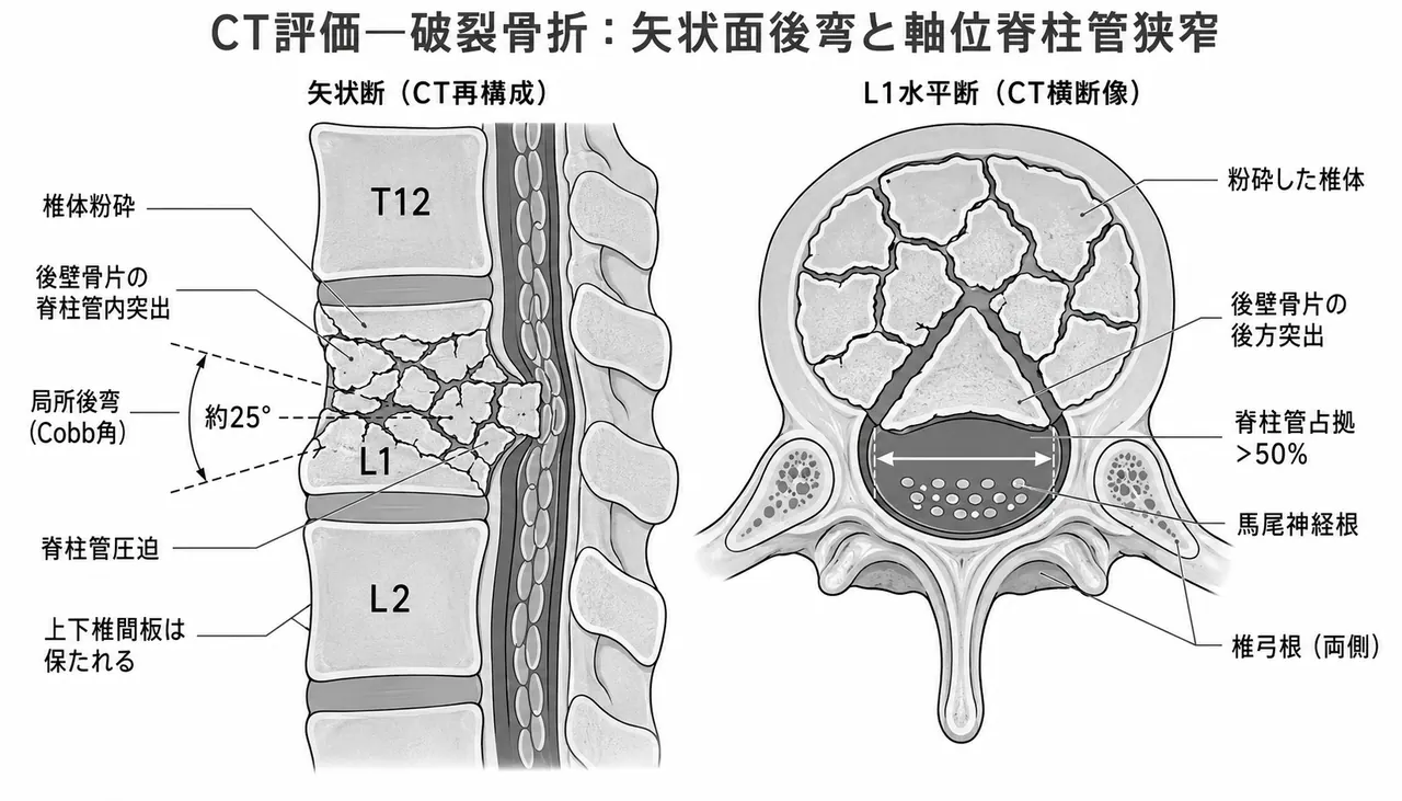 CT矢状断像・軸位断像 — 椎体後壁骨片の脊柱管内突出と占拠率評価