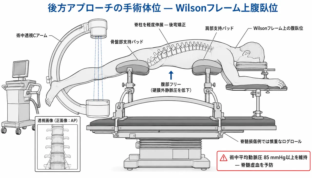 体位セットアップ — 腹臥位・Wilsonフレーム・C型アーム配置